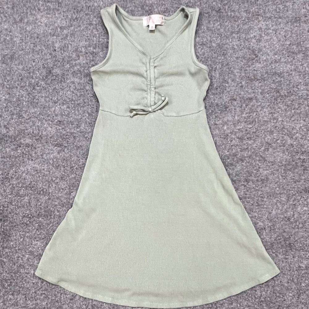 Society & Stitch Girls Dress M Sage Green Ribbed Knit Ruched Tie Front
